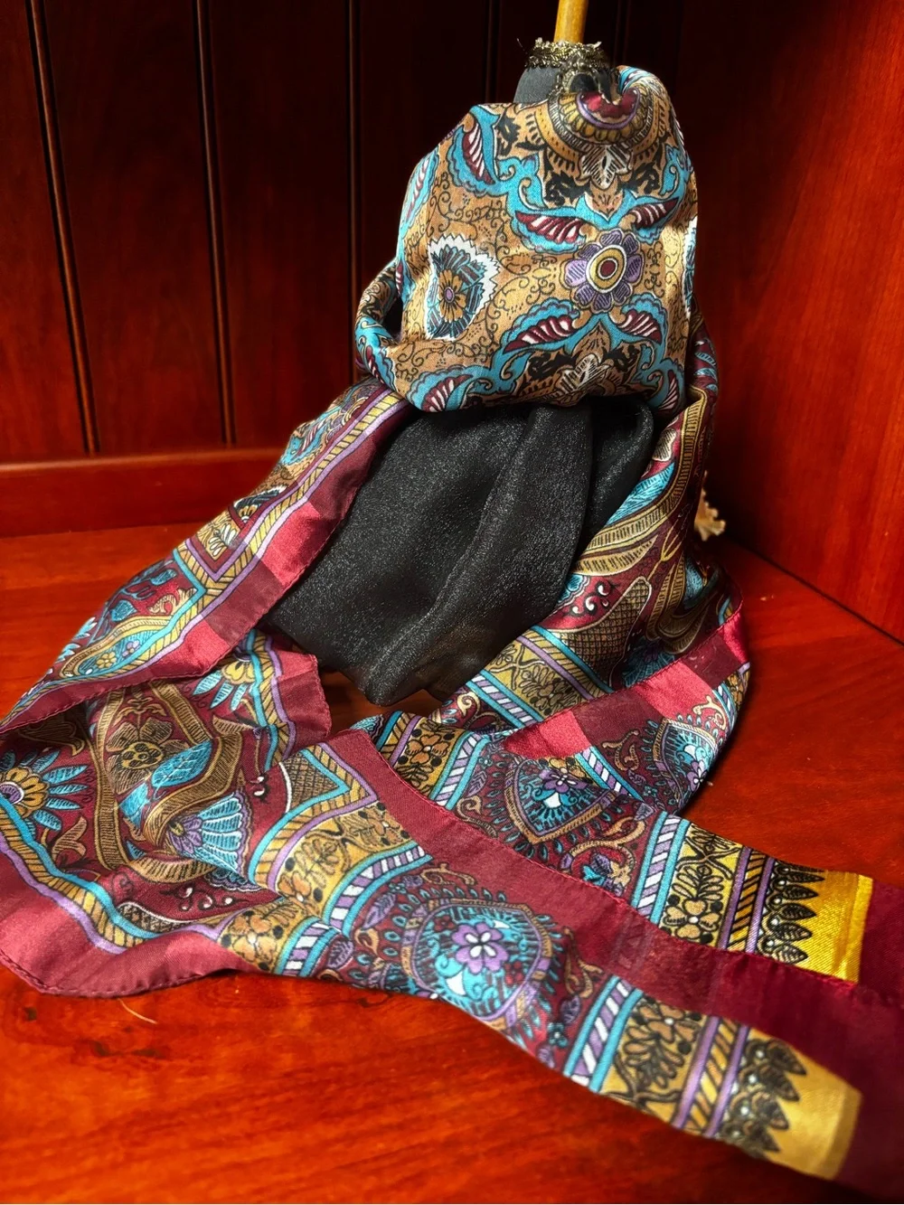 Silk Paisley Pattern Scarf in Burgundy, Teal & Gold